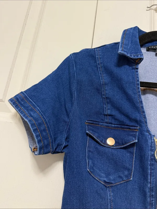 Navy Blue Denim Mini Dress with Front Zip - Image 8
