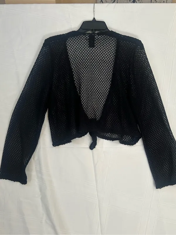 18/20 Black Open-Knit Tie-Front Cardigan cropped lightweight Fashion Bug y2k - Image 4