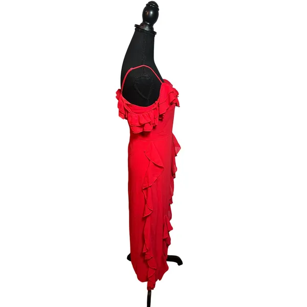 EillyBazar Red Ruffle Cold Shoulder Midi Dress Adjustable Straps Fairy Holiday - Image 2