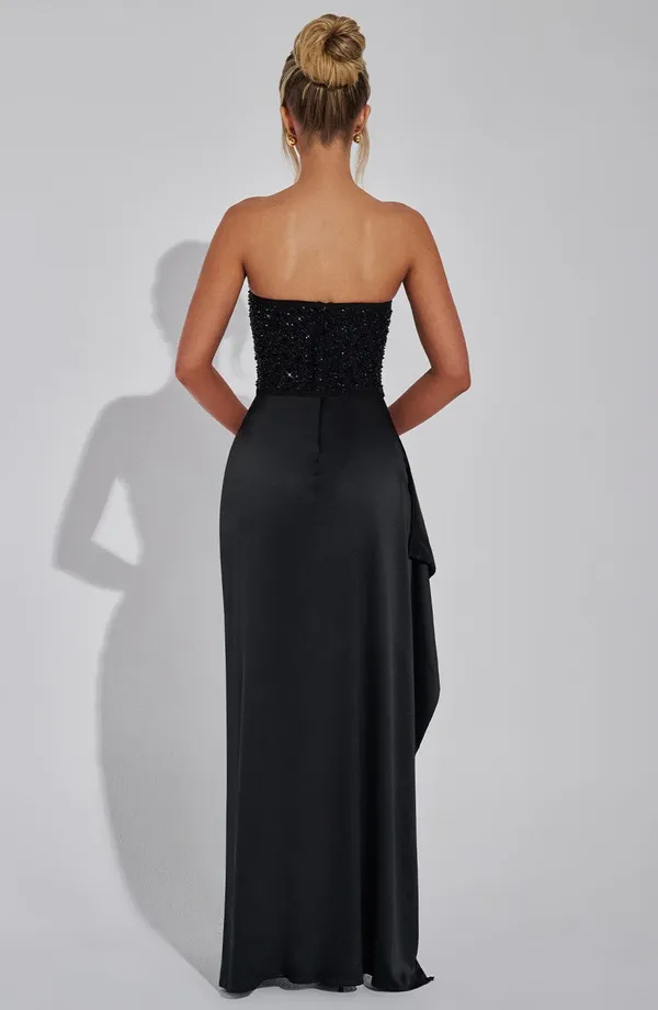 Babyboo emrielle Strapless Black Satin maxi Dress with Beaded Corset and slit - Image 5