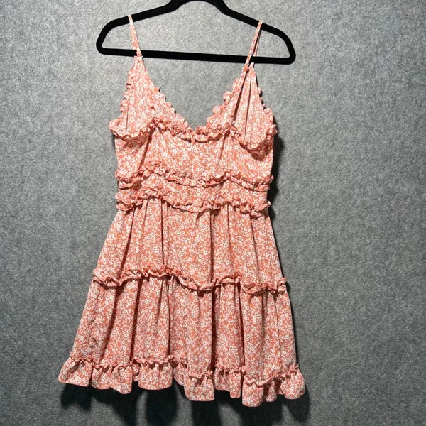 IRIS‎ Floral Ruffle Tiered Mini Summer Dress Coral Pink White Large - Image 5