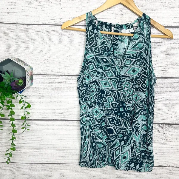 New York & Company Teal Blue Tribal Print Halter Top Wrap Blouse Size Medium - Image 2