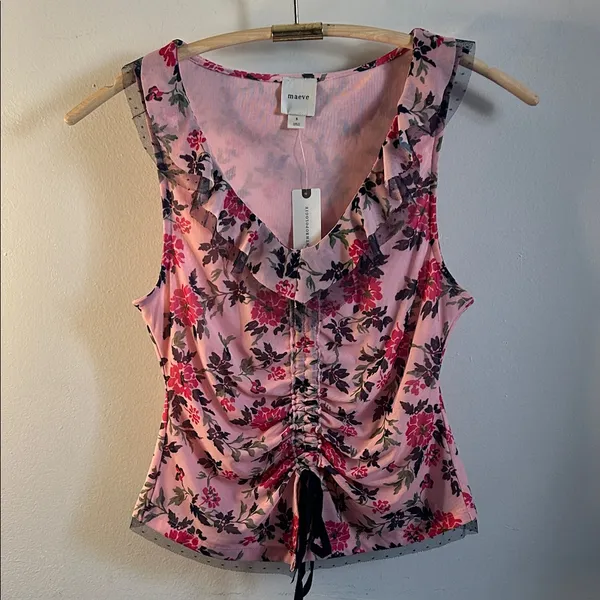 Anthropologie’s Maeve New Tie Front Floral Ruffle Lace V-Neck Pink Women's Top - Image 7