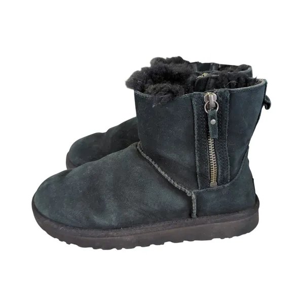 UGG 1118853 Black Suede‎ Leather Shearling Double Zip Mini Boots Womens Size 7 - Image 2