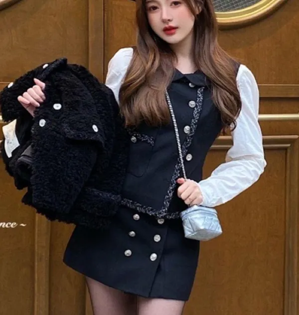 Luxury Navy Blue Gold Buttoned Formal Vintage Tweed Babydoll Slim Blazer Vest - Image 6