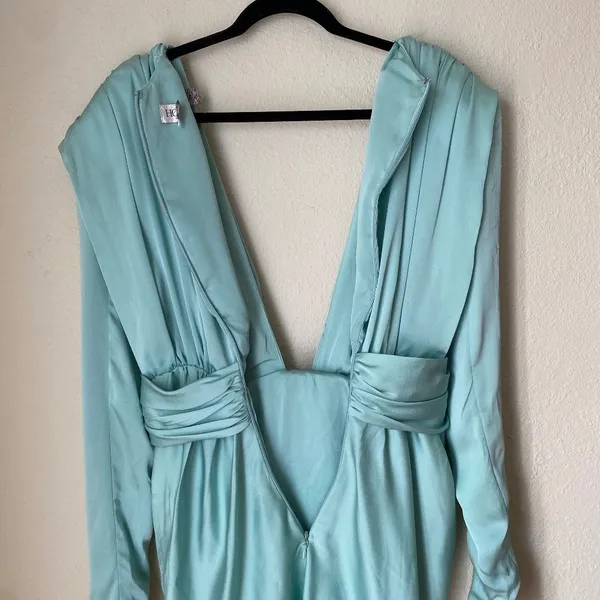 House of CB Pascale Aqua Draped Plunge Satin Mini Dress Womens Size M Mint Green - Image 16