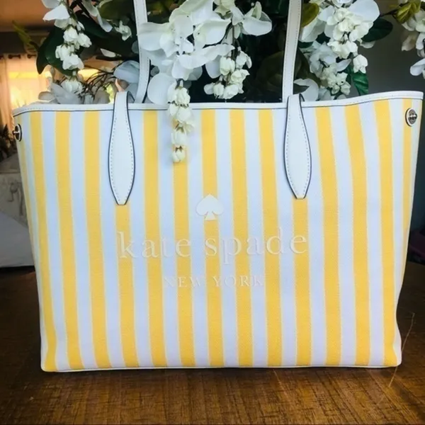 Kate Spade Yellow Stripe Large Tote Canvas Leather Trim NWT - Image 3