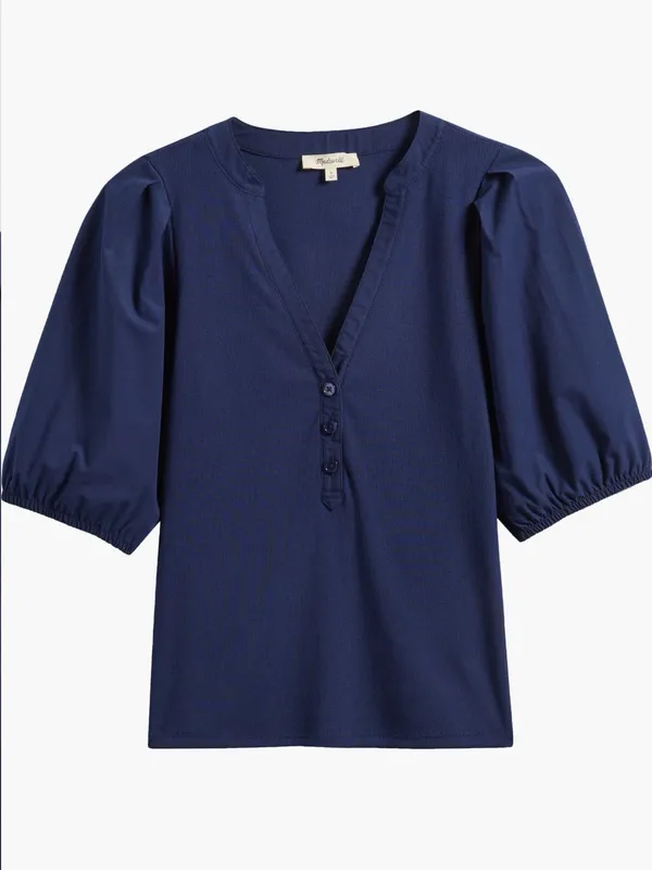 Madewell Puff Sleeve Henley Knit Top Blue Modal Blend Size XL NWT - Image 3