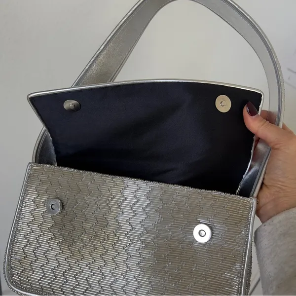 Staud Tommy Shoulder Beaded Bag in Silver - Image 9