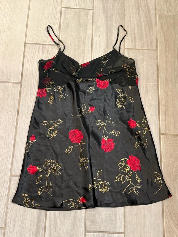 Vintage 1990 Satin Floral Slip Dress Black with Red Roses - Image 2