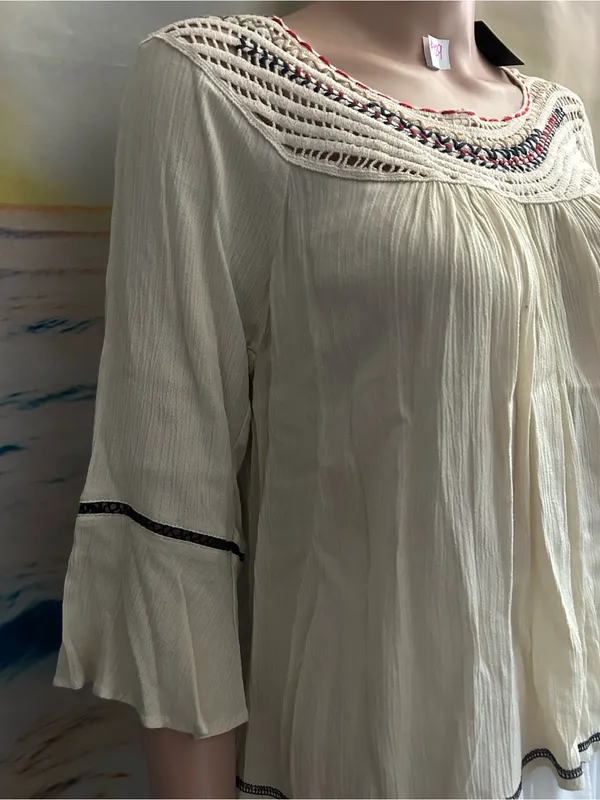 Intu Boho Crochet Yoke Cream Women's Blouse Top SM NWT - Image 5