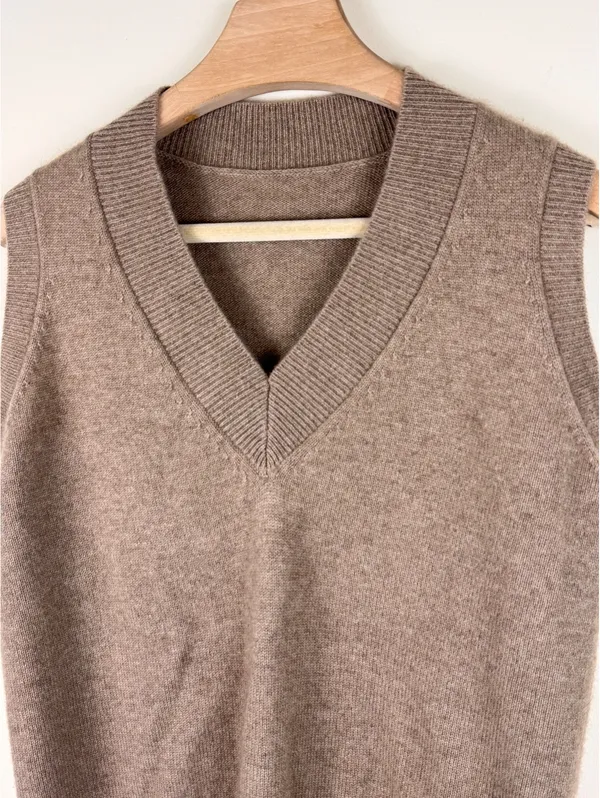 100% Cashmere V-Neck Sweater Vest Taupe Brown Sleeveless Quiet Luxury S M - Image 3