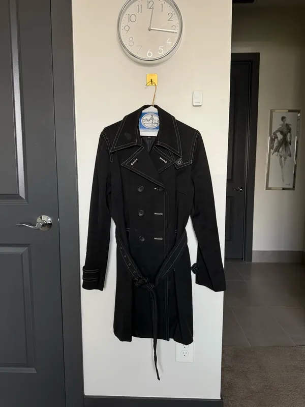 Vintage Banana Republic Black Cotton Trench Coat Contrast Stitch Belted L - Image 3