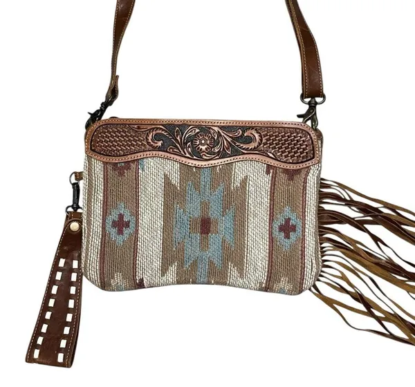 Myra Bag Brown Hand Tooled Tassels Crossbody Handbag Clutch Purse - Image 3