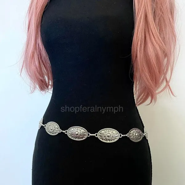 Silver Y2K Western Floral Oval Concho Chain Belt, Fits 25-44 Inches, X7GA1363 - Image 5