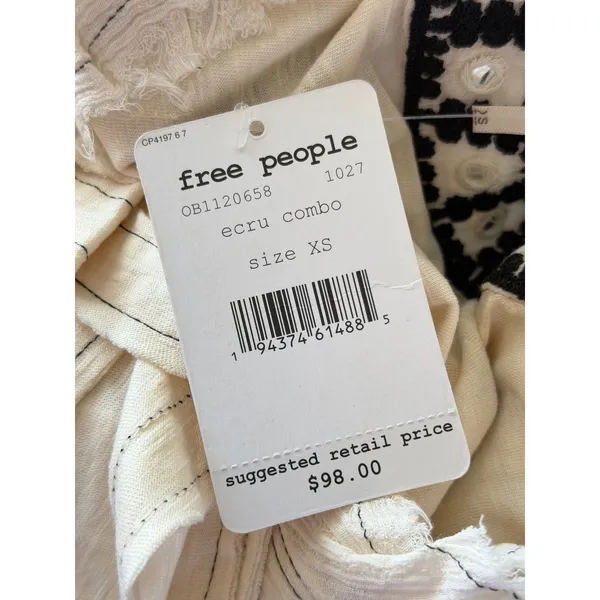 Free People‎ Market Place Embroidered V-Neck Top Ecru Combo Extra Small NEW - Image 6