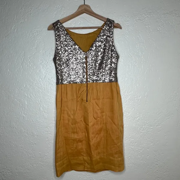 Zyga Lin'n Laundry Sequin Linen Dress Mustard Yellow Gold Sleeveless Sheath 38 S - Image 2