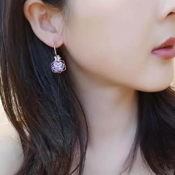 Women's Rose Flower Purple Crystal Dangle Drop Earrings Gold - Image 5