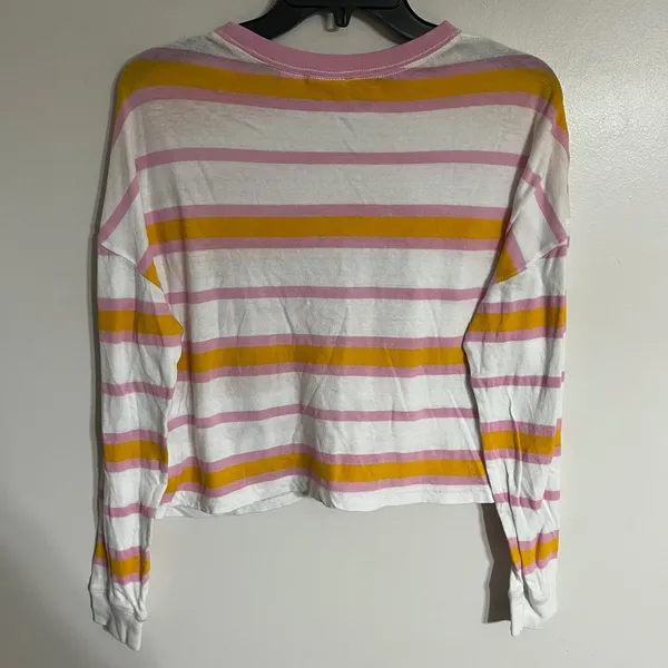 Quiksilver Womens Striped Long Sleeve Cropped‎ Pocket T-Shirt Pink Yellow Small - Image 9