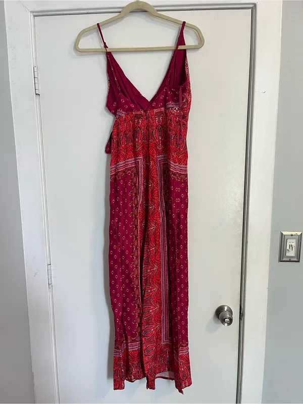 Free People Cabbage Rose Red pink Wide-Leg Wrap Jumpsuit size 0 paisley FLAWS - Image 5