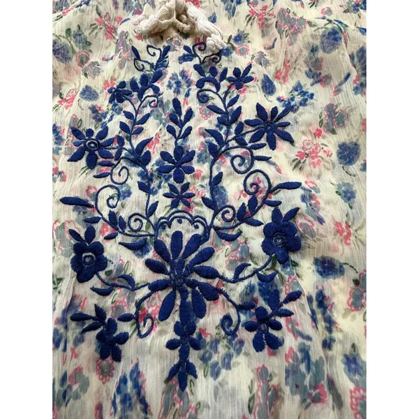 World Market Floral Embroidered Peasant Blouse Cream Blue‎ Pink S/M Smocked Top - Image 5
