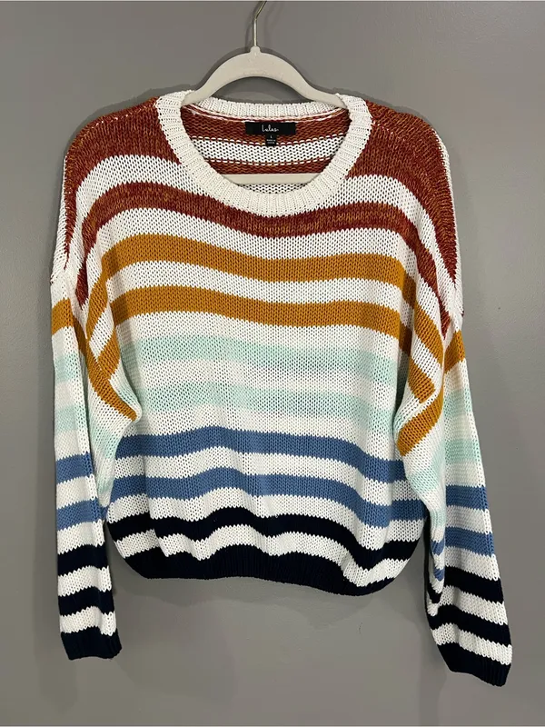 Lulus Charli Blue Multi Striped Knit Sweater size Large 100% Cotton - Image 2