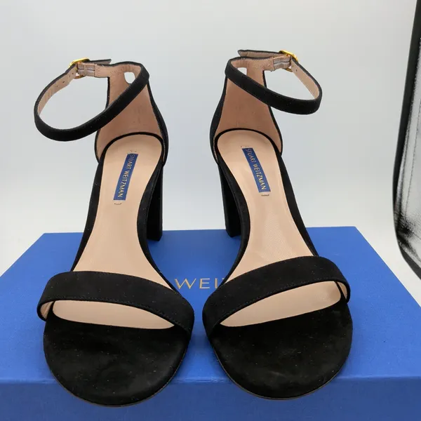 Stuart Weitzman Nearlynude Black Suede Block Heel Sandals ZW59314‎ Size 8 - Image 3