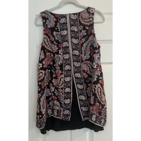 J. Jill Layered Tank‎ Top Sz MED PET Black Paisley Split Back Lined Tunic Flowy - Image 2