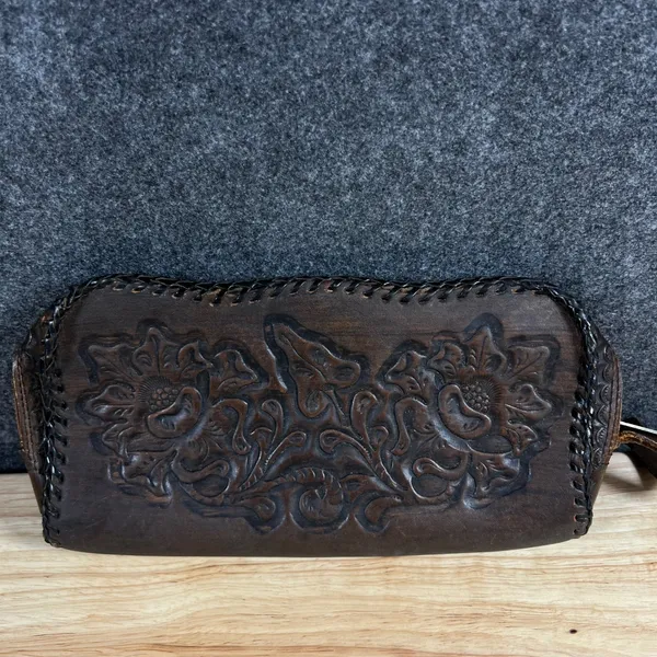 Vintage Hand Tooled Leather Floral Clutch Bag Dark Brown Whipstitch Western Boho - Image 2