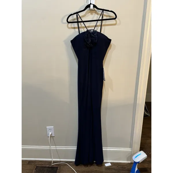 XSCAPE Women's Rosette Halter Gown Sleeveless Front slit Formal Dress Navy 10 - Image 2