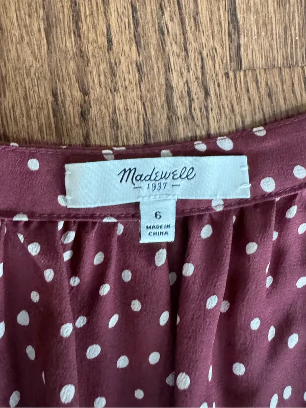 Madewell 6 Medium Mini Dress Long Sleeve Burgundy white polka dots Silk Babydoll - Image 2