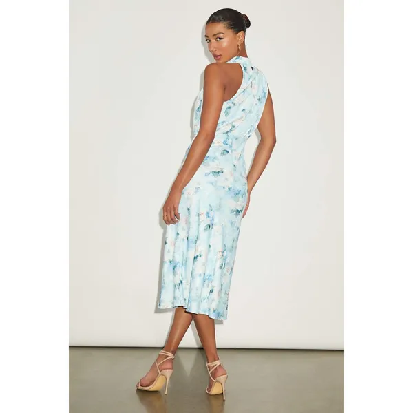 NWT Lulus Distinctive Charm Blue Floral Satin Asymmetrical Midi Dress Party XS - Image 4
