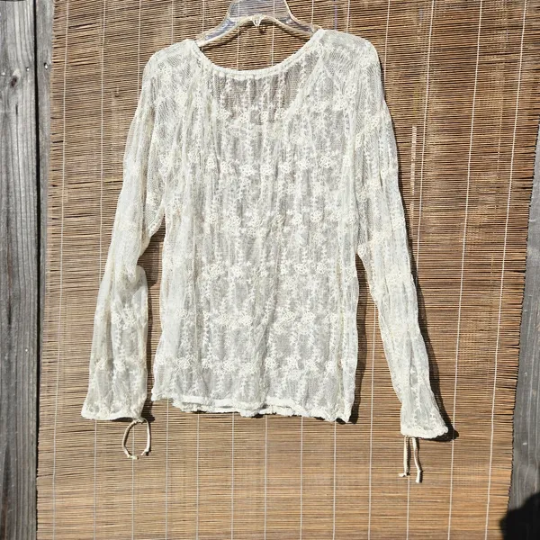 Ivory Lace Sheer Top Long Sleeve M - Image 6