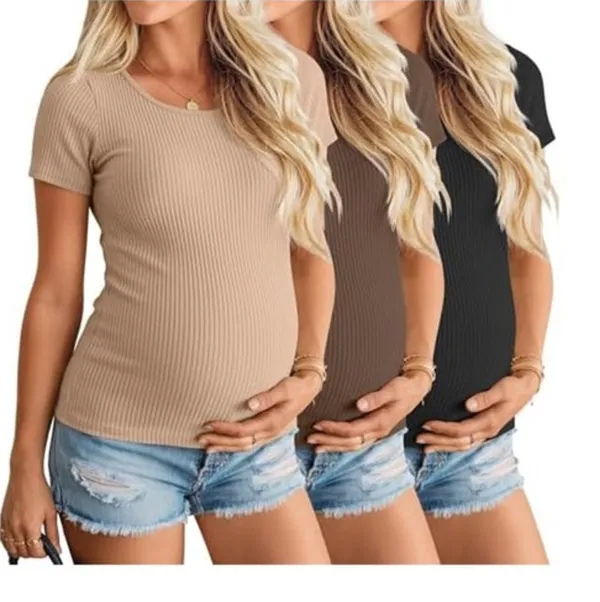 3 Pack Women's Ribbed Maternity Tops Short Sleeve, Ribbed Knit M - Image 2