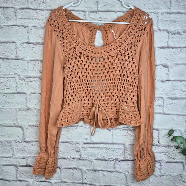 Free People Megan Crochet Peplum Blouse Open Back Boho Top Terracotta Gauze S - Image 3