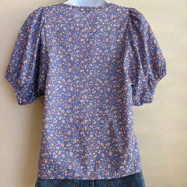 Madewell Blue Floral Puff‎ Sleeve V Neck Casual Blouse Top Women XS Boho Peasant - Image 3