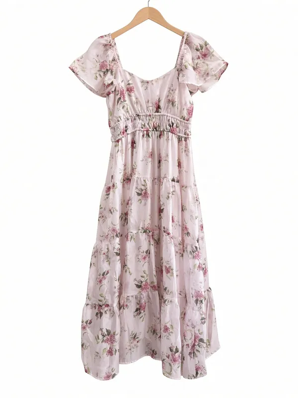 Floral Chiffon Flounce Sleeve Shirred Midi Dress Small - Image 13