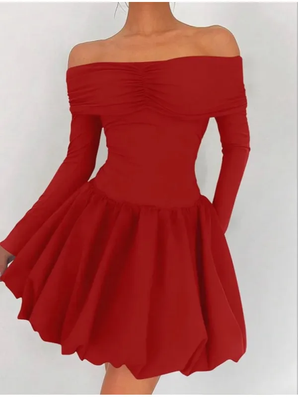 NEW Off Shoulder Mini Bubble Dress Long Sleeve Drop Waist S - Image 5