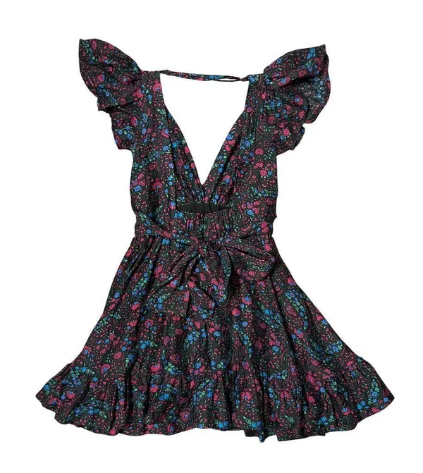 $232 Anthropologie Sabina Musayev S Black Mini Dress Floral Backless Ruffle Pink - Image 2