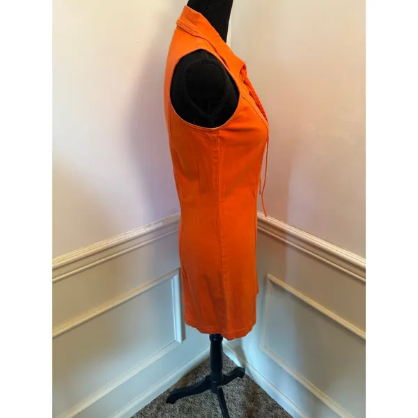 Vintage Y2K Orange Speed Mini Dress Sleeveless Lace-Up Collar Shift Dress Retro - Image 3