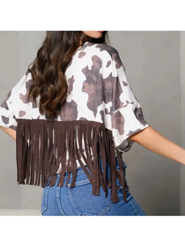 NWT Peach Love California Brown and White Crop Fringe Cow Print Tee - Image 2