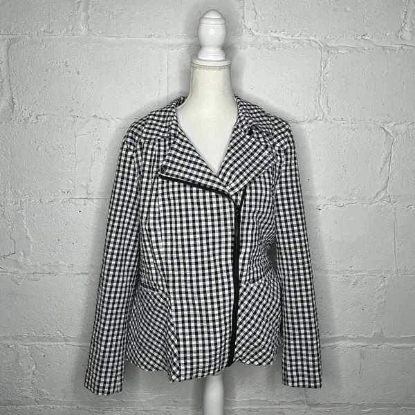 Isaac‎ Mizrahi Live Women's Black White Gingham Moto Blazer Jacket Size Large - Image 2