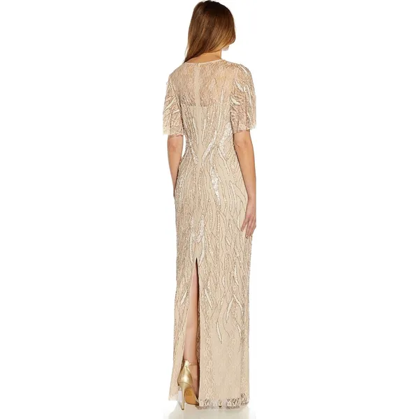 Adrianna Papell Beaded Flutter Sleeve Gown Long Biscotti Beige Formal US 4 NWT - Image 2