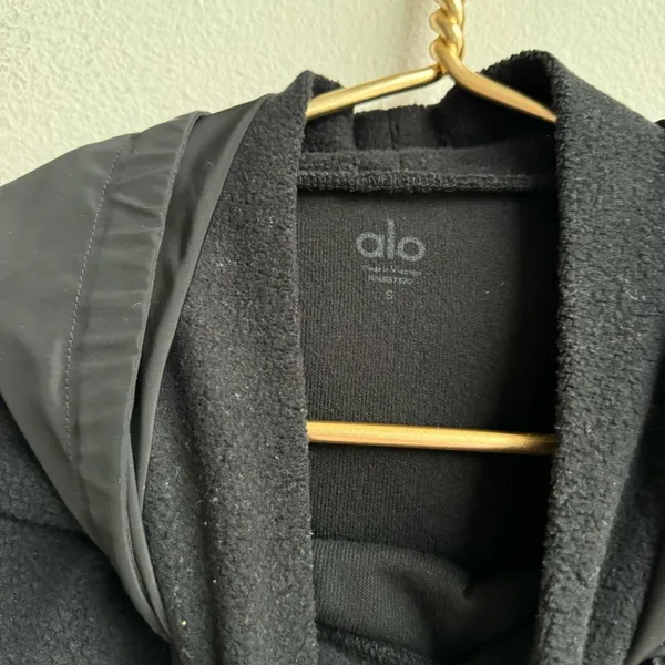 Alo Yoga Black Mixed Media Nylon Oversized Relaxed Hoodie Size Small Gym Travel - Image 6