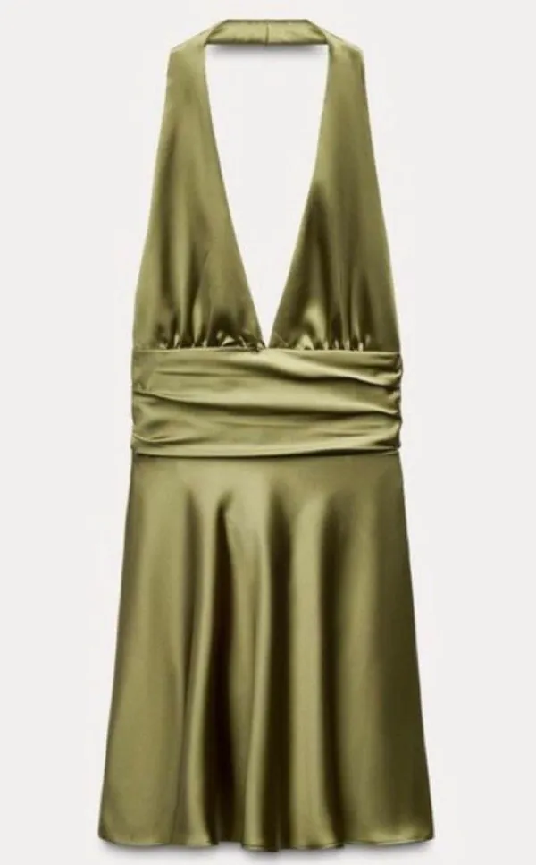 Zara dress halter open back tie bow Elegant Olive Green Satin wedding party - Image 15