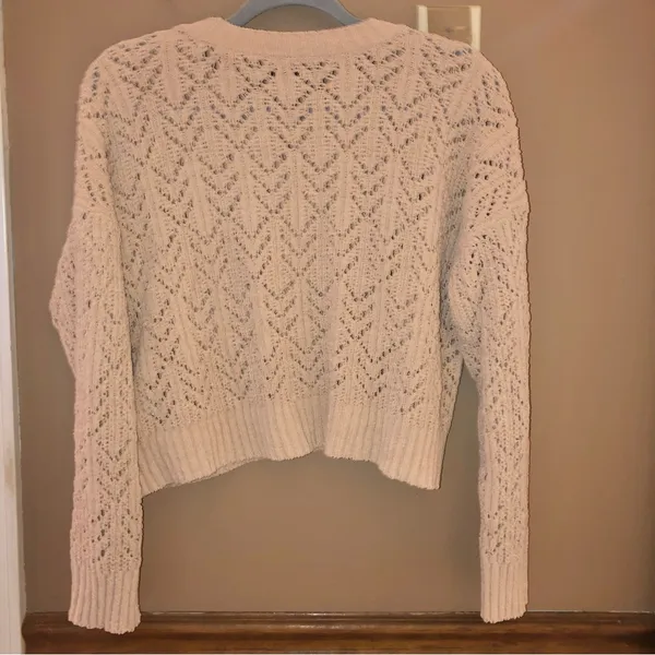American Eagle chenille Pointelle cropped‎ sweater tan size small - Image 2