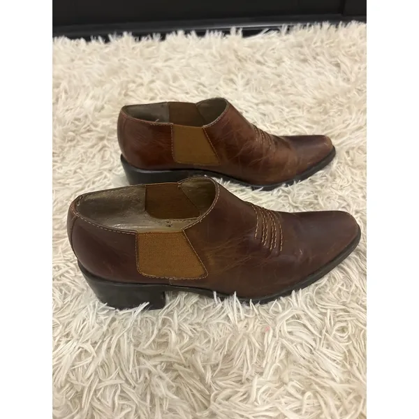 Nicole Brown Leather Ankle Boots Chelsea Style Block Heel Western Stitch‎ Sz 6 - Image 3