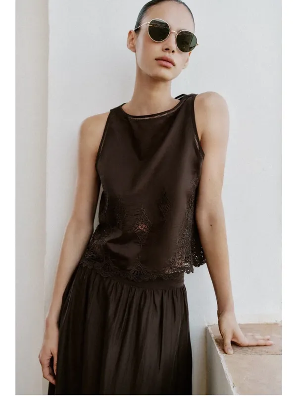 NWT Zara Brown Sleeveless Lace Trim Top - Image 4