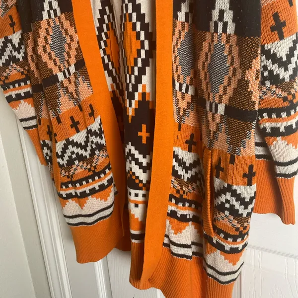 Serra Aztec Southwestern Geometric Open Front Cardigan Orange Black XL - Image 5
