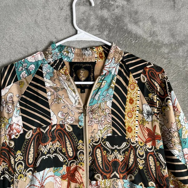 Z&L Europe‎ Patchwork Floral Bomber Jacket Boho Statement Golf Size Small Gold - Image 2